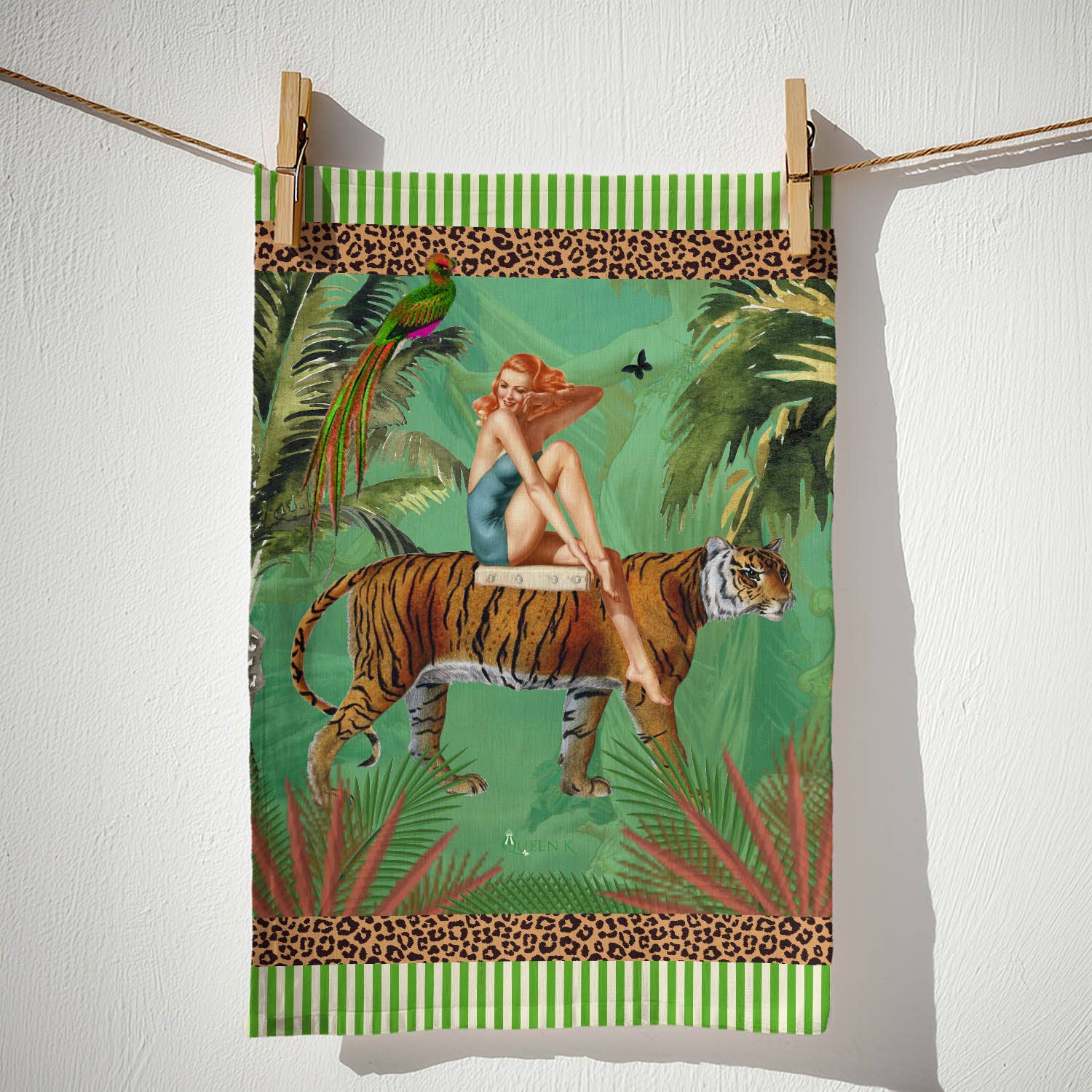 Queen K - Wholesale Tea towel - Jungle Walk Green Wild Retro Glamour 100% Linen Tea Towel3