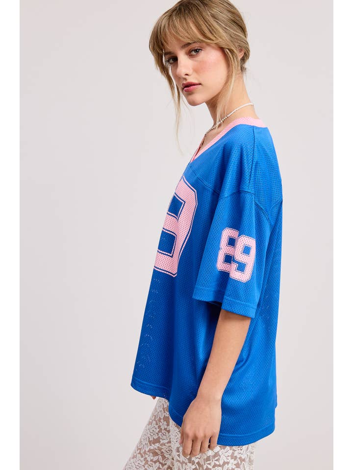 Mimosa - Wholesale T-Shirt - Women's - Sporty V Neck Short Sleeve Jersey Top with 89 Graphic Print