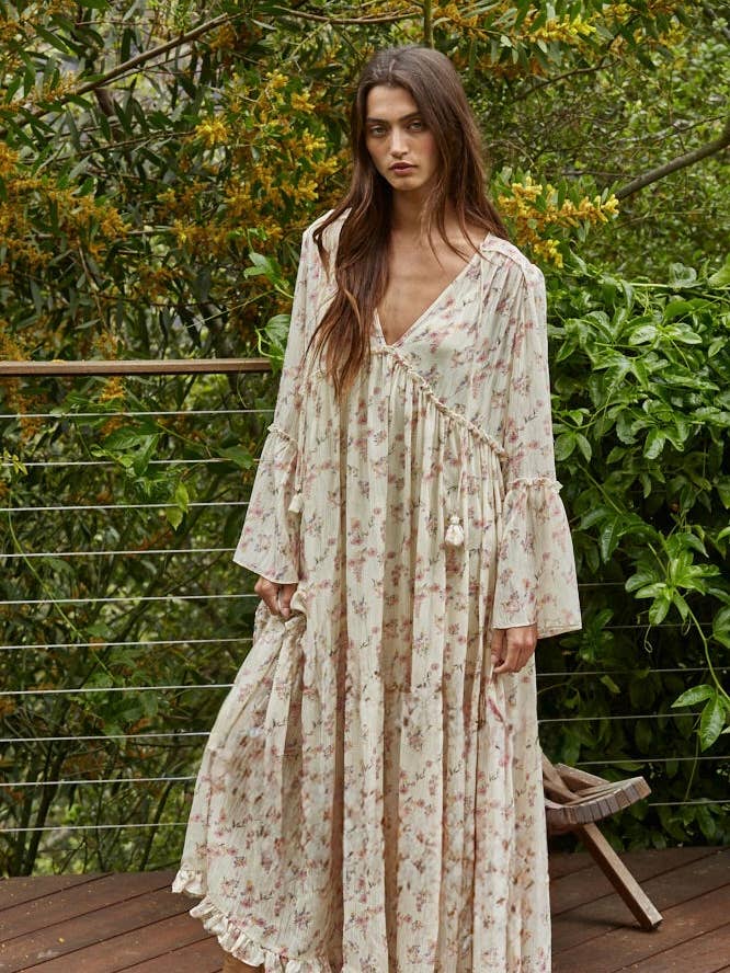 Cream Multi L8969 | Woven Polyester Floral Print Flare Tiered Maxi Dress for wholesale on Faire