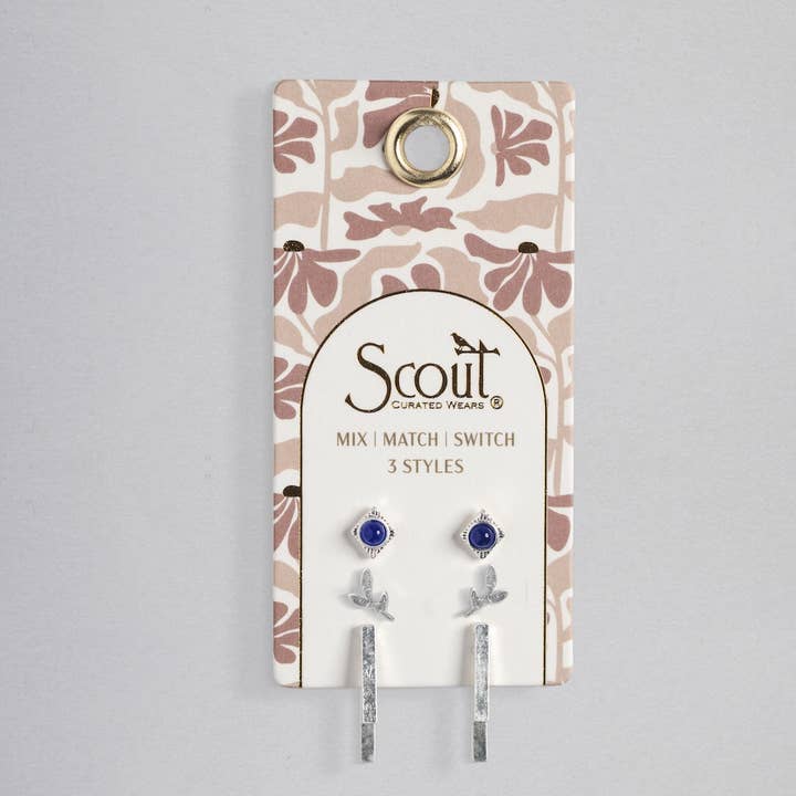 Scout Curated Wears - Wholesale Jewelry Set - Stud Trio Ear Jacket Set - Leaf/Lapis/Silver
