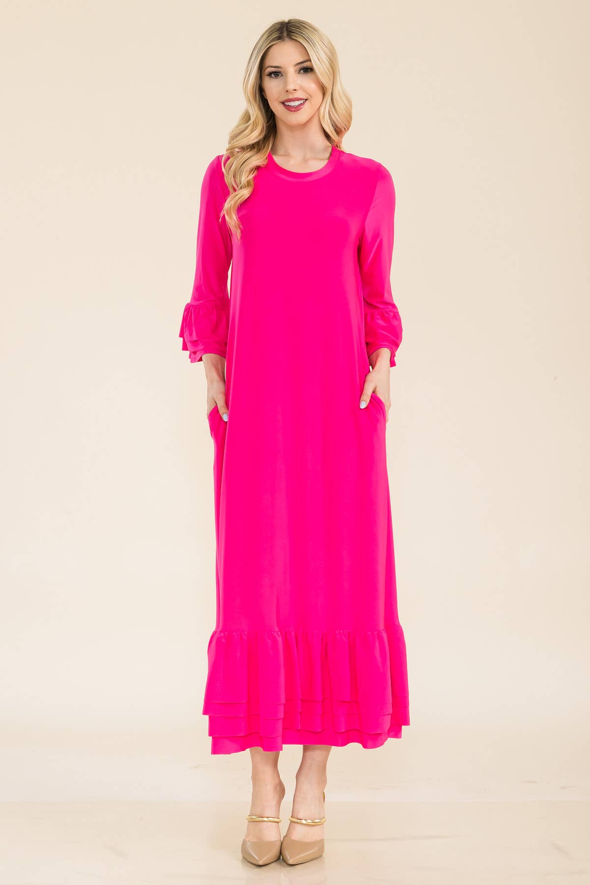 Celeste Clothing – Vestido - Mulher por atacado – VESTIDO MODESTO TAMANHO PLUS COM MANGAS DE SINO EM CAMADAS -CD4389829