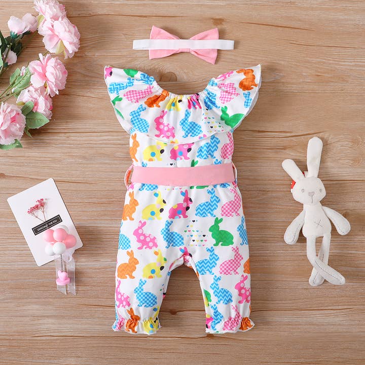 Flerfärgad 3st Baby Allover Flerfärgad kanin volangkrage jumpsuit för wholesale på Faire