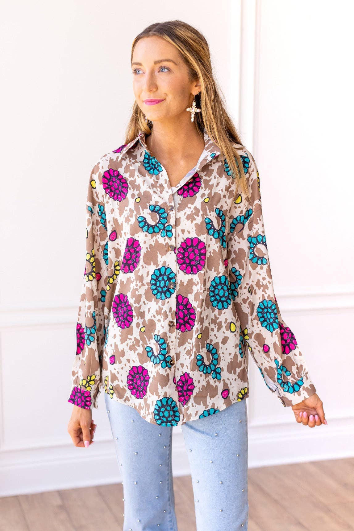 Leopard Rodeo Queen Cow Print Button Down for wholesale on Faire0