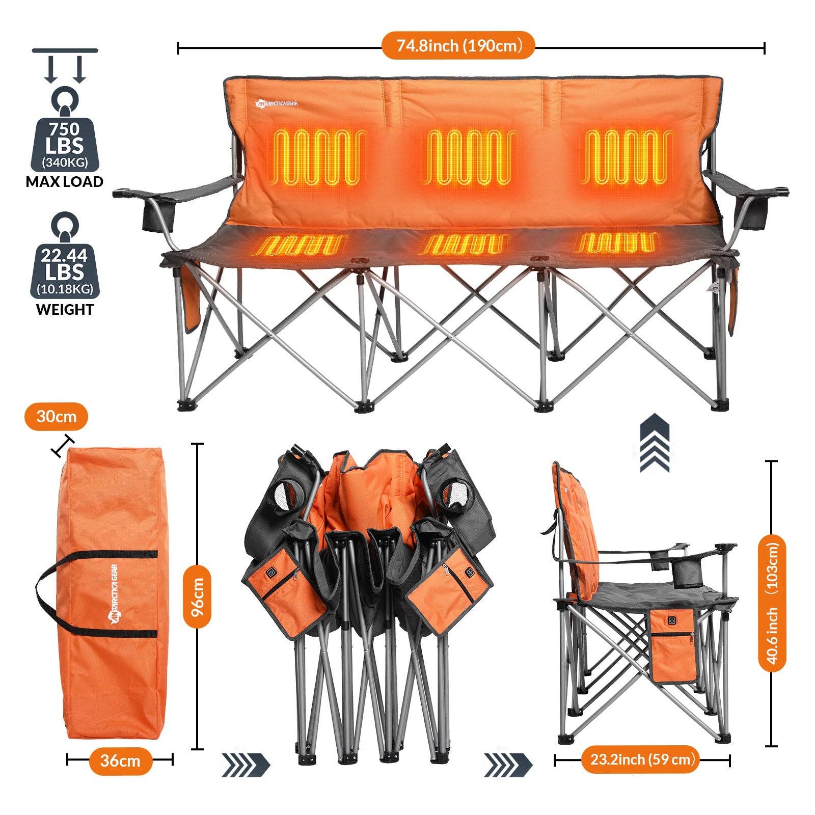 Antarctica Outdoors – wholesale Folding chair – ANTARCTICA GEAR Heated 3-Person Camping Chair with 12V 15000mAh Battery Pack8