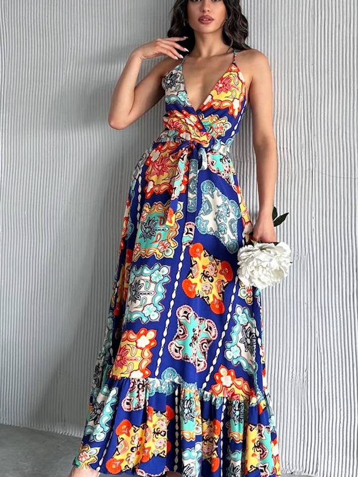 Colorful Print Maxi Dress – Wrap V-Neck Woven Fabric-Blue for wholesale by SoulofMu