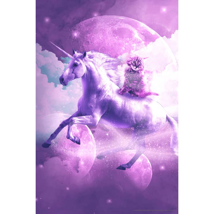 Affiche d'art fantastique de chat mème chevauchant une licorne dans l'espace avec arc-en-ciel pour la vente par Gotham Gifts