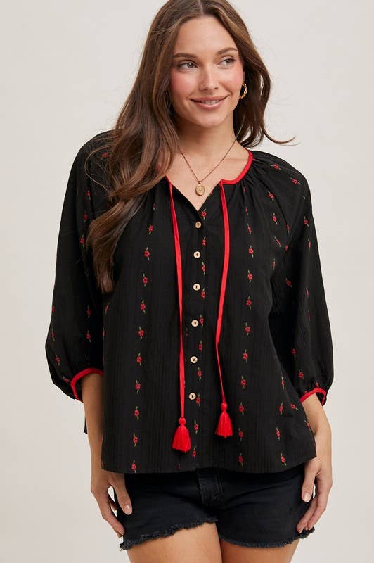 Vanilla Monkey - Vente Chemisier – femme - Blouse à cordon de serrage avec boutons et broderie florale3