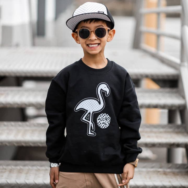 Sweatshirt col rond Natural Checks Flamingo, noir (tout-petits, jeunes, adultes) pour la vente par Micro Me