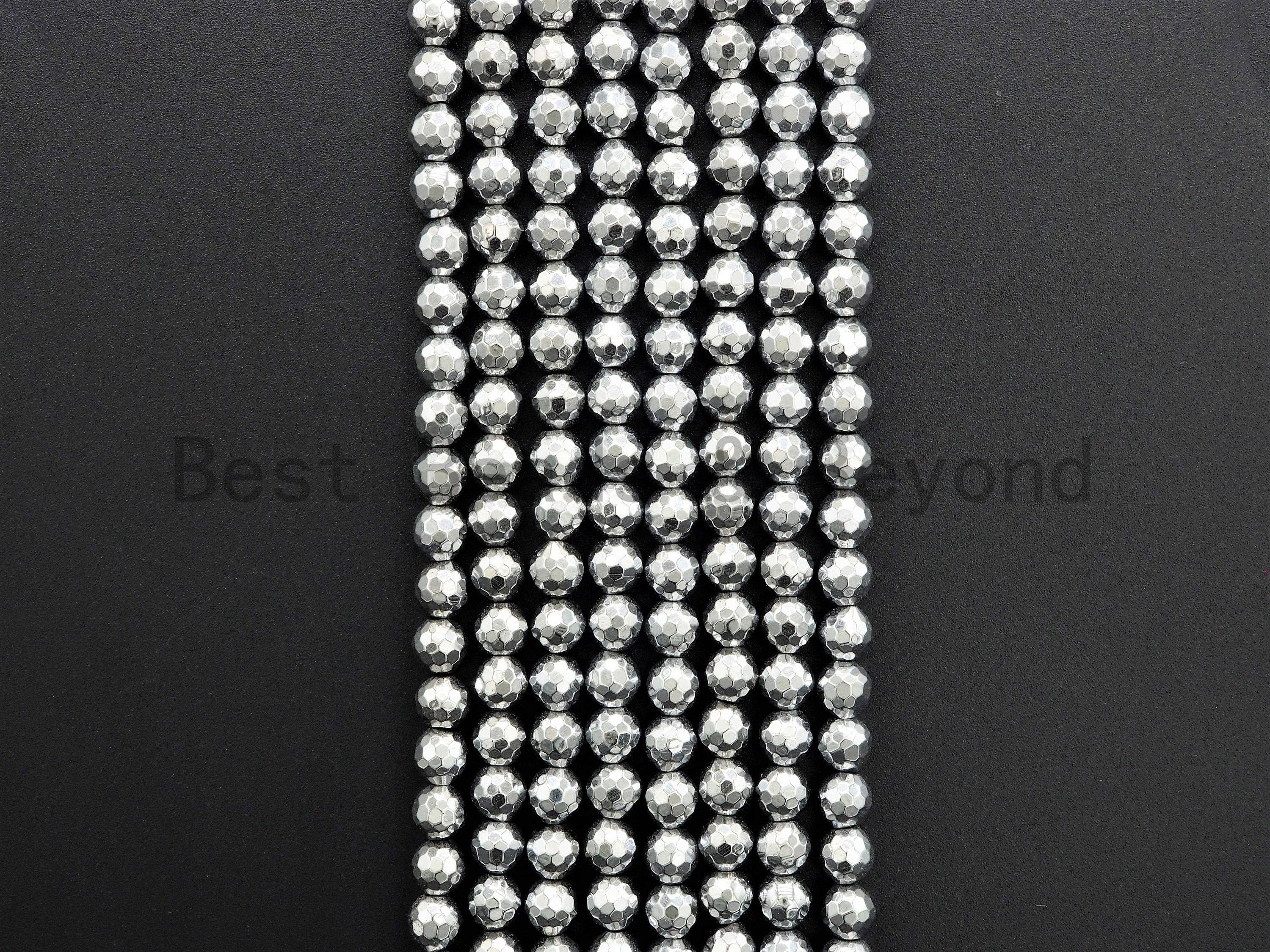 BestBeads&Beyond - Wholesale Beads - Natural Silver Hematite Beads-2mm/3mm/4mm/6mm/8mm/10mm/12mm Round Faceted Gemstone Beads-15inch Fullstrand-Metallic silver Beads, SKU#S1184
