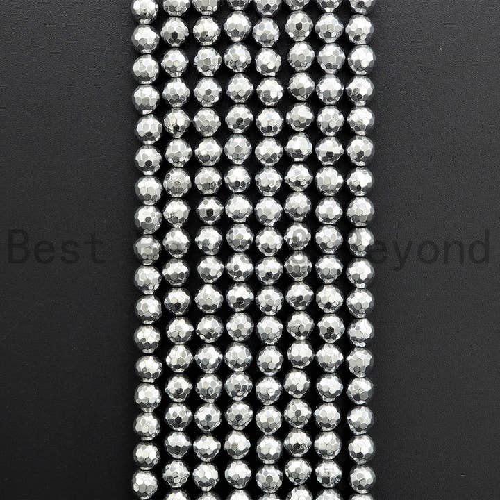 BestBeads&Beyond - Wholesale Beads - Natural Silver Hematite Beads-2mm/3mm/4mm/6mm/8mm/10mm/12mm Round Faceted Gemstone Beads-15inch Fullstrand-Metallic silver Beads, SKU#S1184