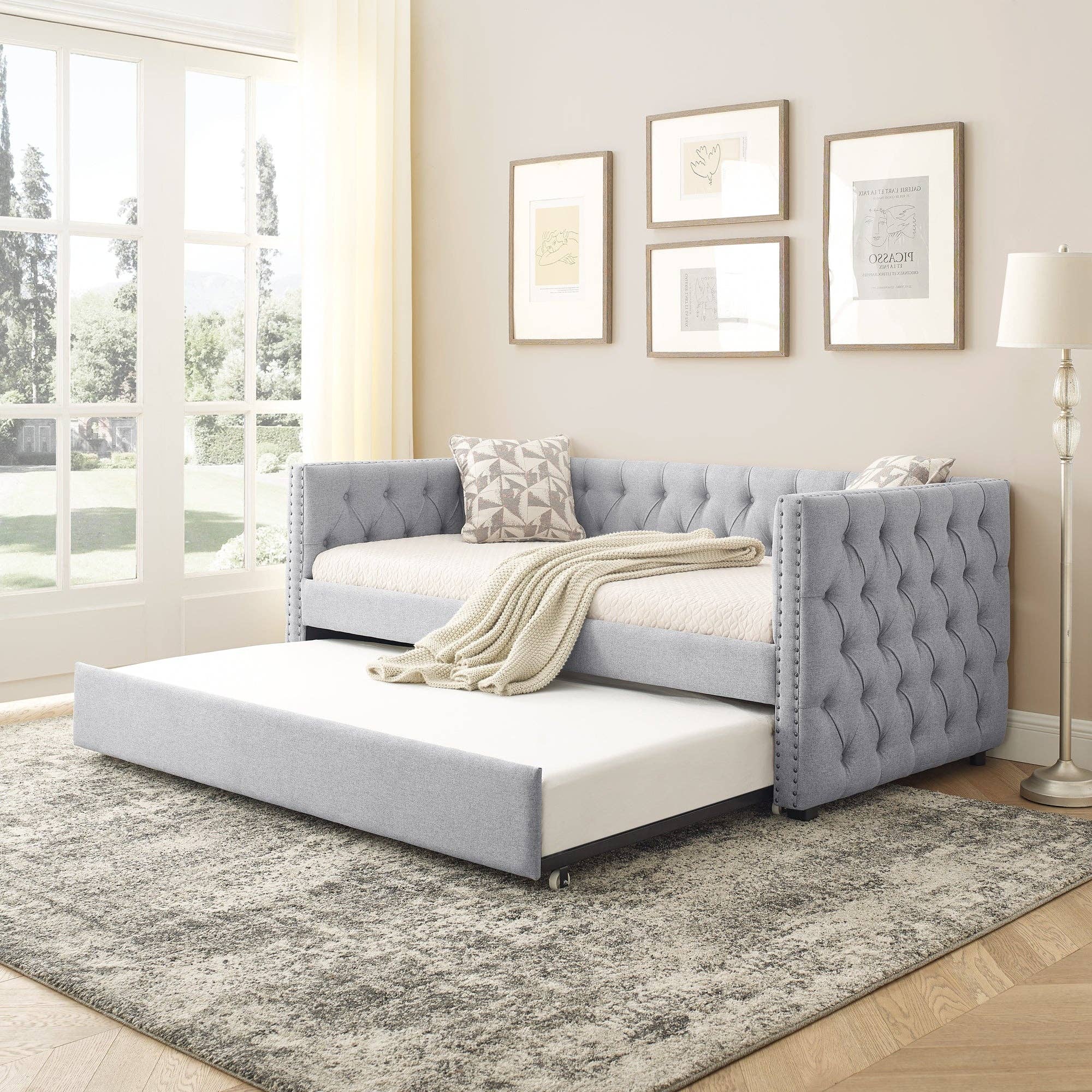 39F Inc. - Wholesale Sofa - Grey Upholstered Twin Daybed with Tufted Trundle Bed0