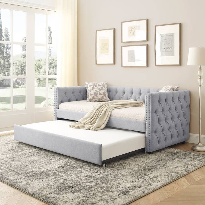 39F Inc. - Wholesale Sofa - Grey Upholstered Twin Daybed with Tufted Trundle Bed