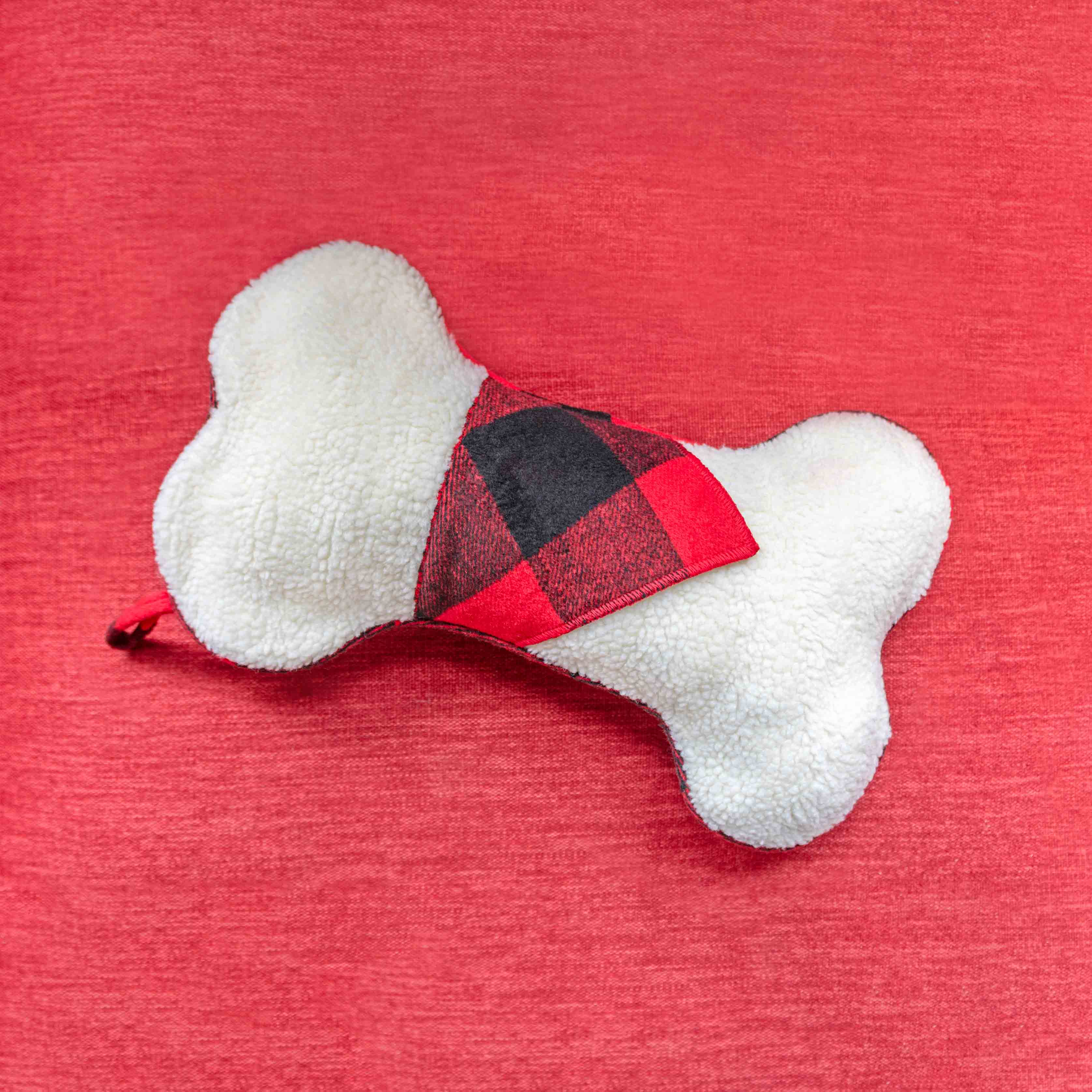 Gigi Seasons - Wholesale Holiday Stocking - Faux Sherpa Dog Bone Stocking with Red Plaid Bandana Detail1