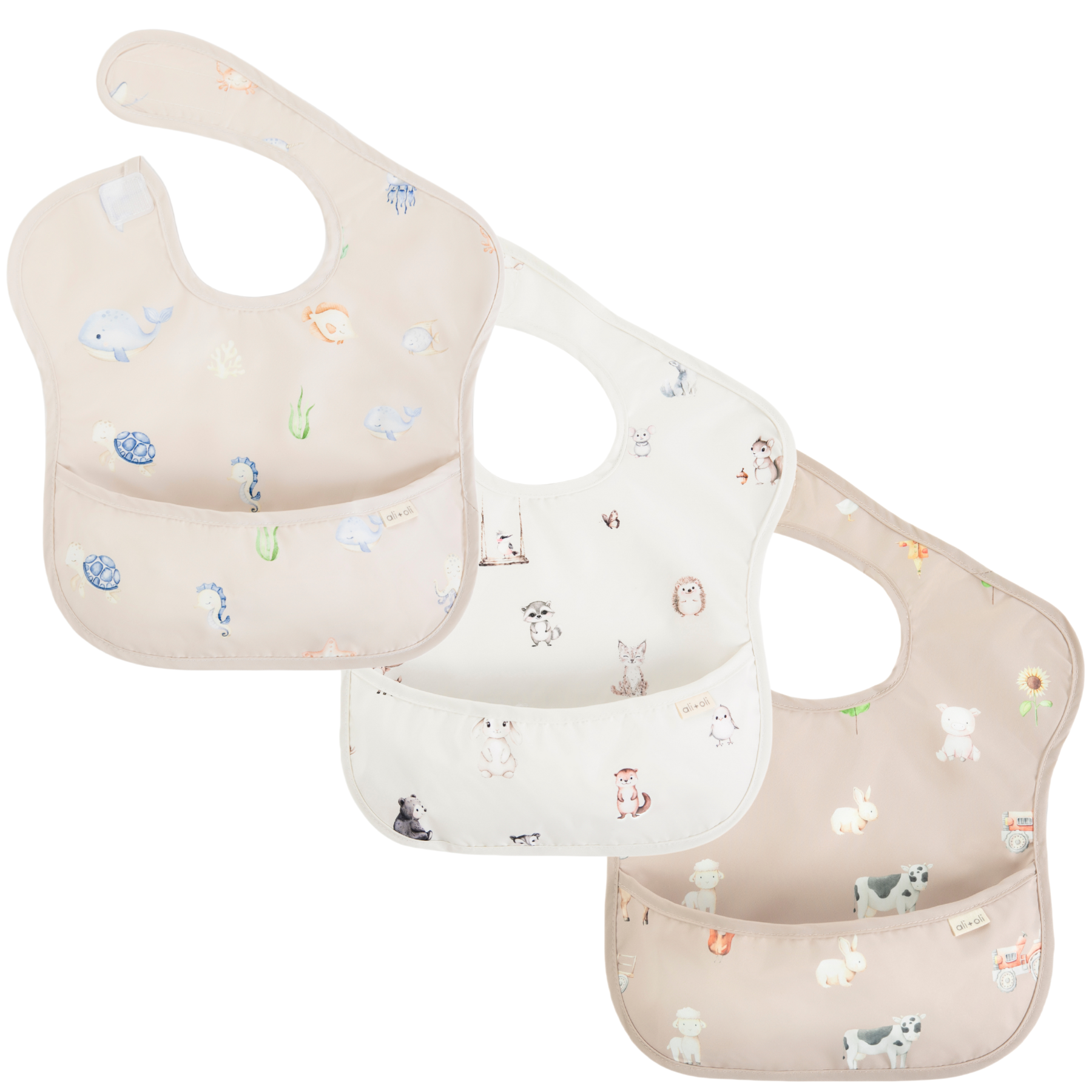 Ali+Oli – Babete para bebé – Bebé por atacado – Conjunto de 3 babadores sem mangas para bebê e criança pequena com bolso (animais)1