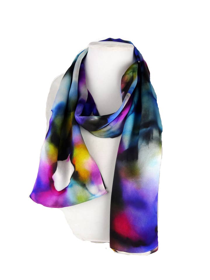 Bufanda de seda abstracta púrpura - azul - flor de cerezo satinado para venta al por mayor de Silk Squirrel