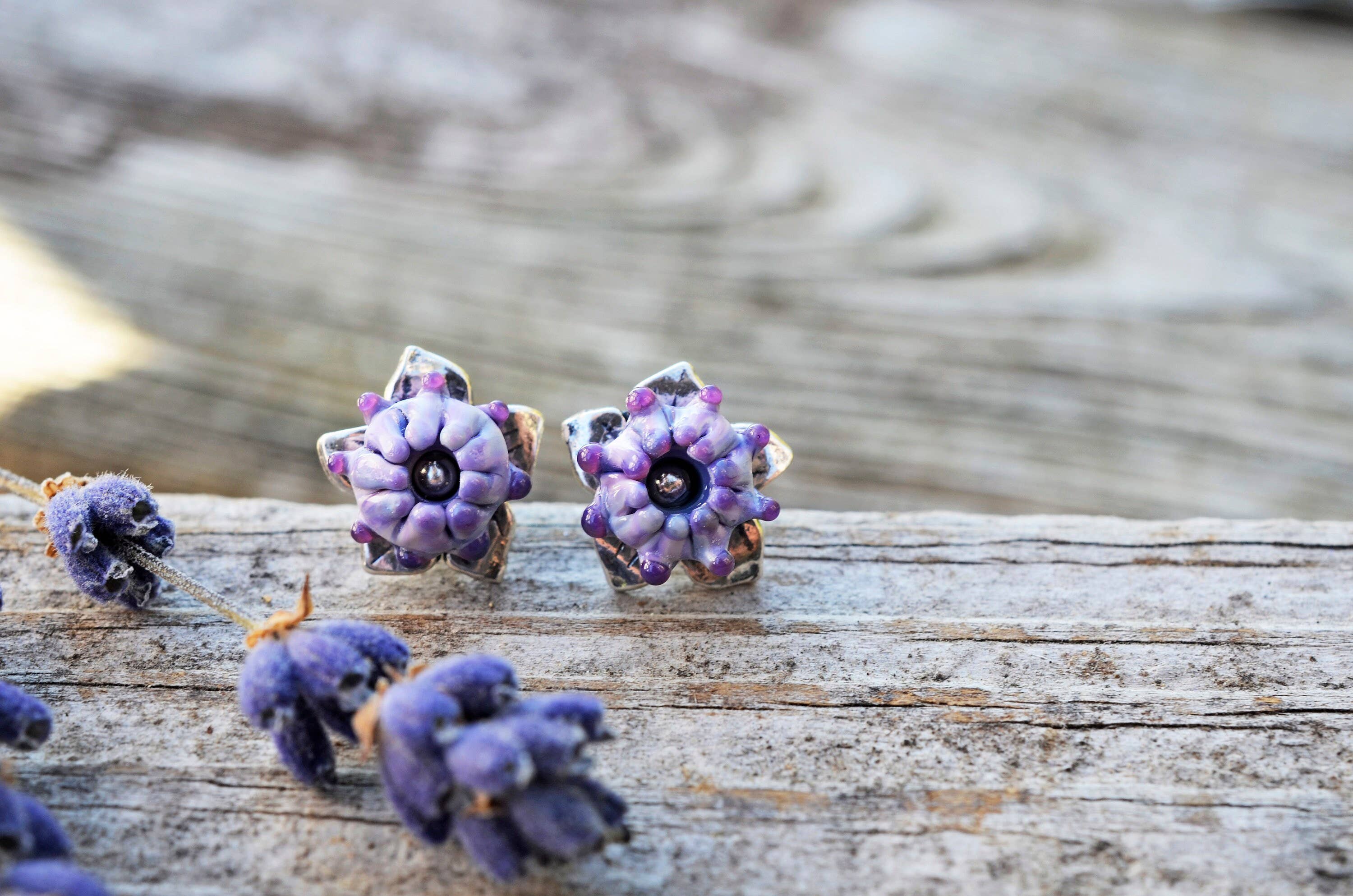 Lavender Beads - Wholesale Stud/Post Earrings - Lavender Bud Studs Handcrafted Glass, Silver Post Earrings