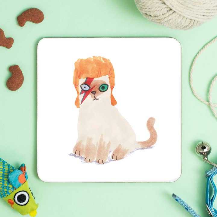 Jo Clark Design – Base de copos por atacado – Gato em David Bowie Wig Drinks Coaster