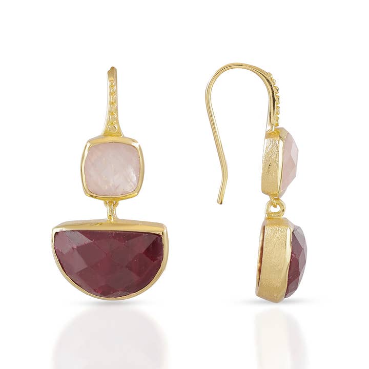 Charis Halfmoon Double Gemstone Earrings Rose Quart & Ruby for wholesale by AZUNI London