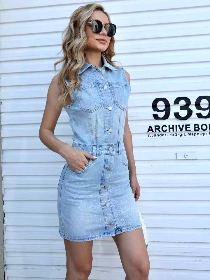 Button through vest style mini dress with rhinestone details for wholesale by Chilli Girl Collection