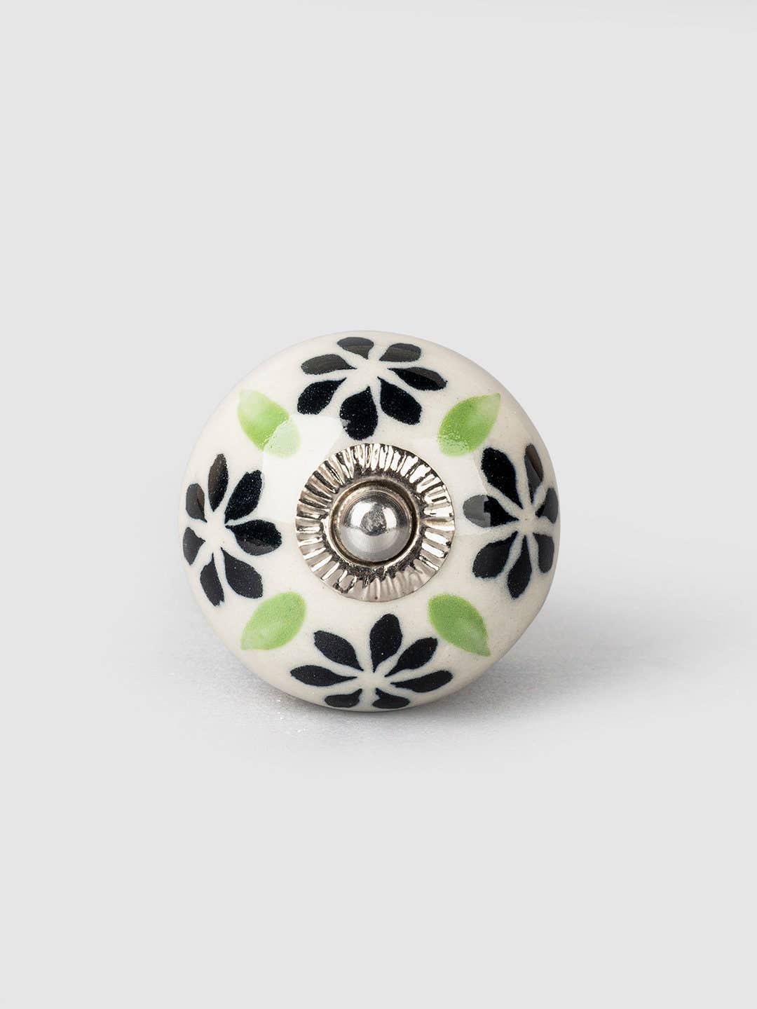 KNOBCO – wholesale Knopp/Handtag – Handgjord dekorativ rund form svart och limegrön design på Off White Base Keramiska skåpsknappar4