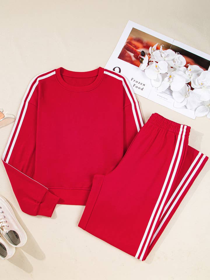 Fiery Red Varsity Striped Detail Crewneck Pullover Elastic Sweatpants 2pcs Outfit for wholesale by Sweet Lover Fashion