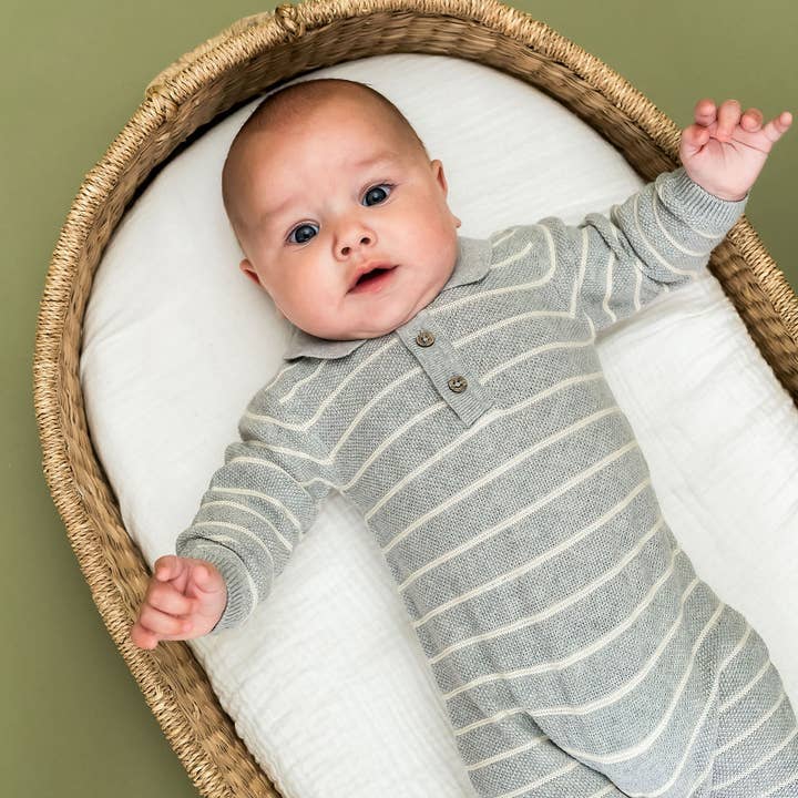 Stripe & Collar Sweater Knit Baby Jumpsuit (organic) for wholesale by Viverano Organics