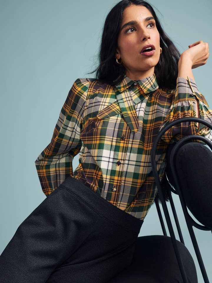 Janet Tie-Neck Cotton Poplin Shirt - Brown Plaid for wholesale by Universal Standard