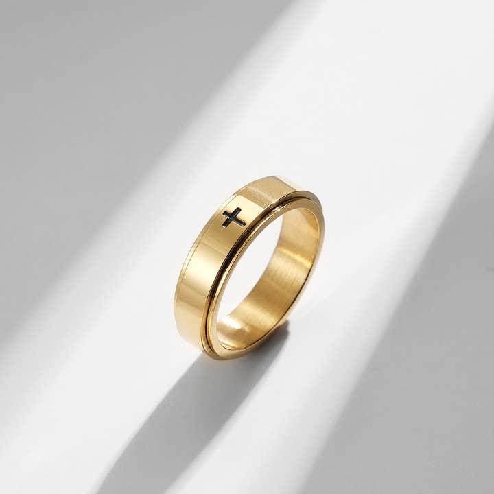 Perimade & Co. LLC - Wholesale Band/Stacked Ring - Cross Anxiety Fidget Spinner Band Ring in Stainless Steel