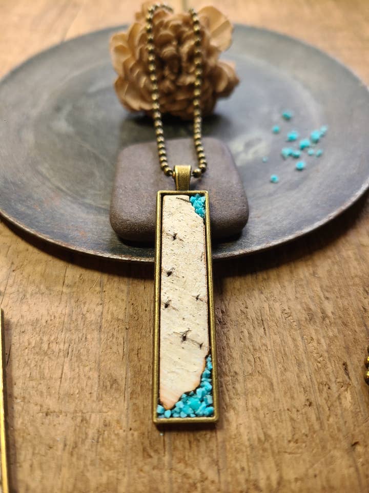 Turquoise Birch Bark Authentic Narrow Sleek Necklace WI USA for wholesale by Fields