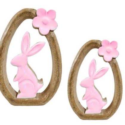 Vatican Homes - Wholesale Decorative Tabletop Object - SET OF 2 PINK WOODEN BUNNIES TABLE DÉCOR0