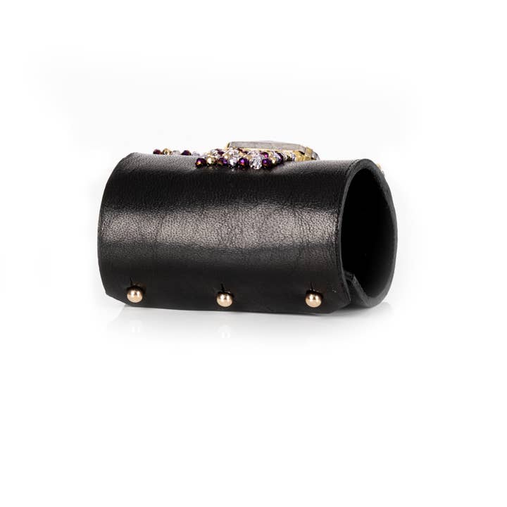 The Dark - Wholesale Cuff Bracelet - Crystal Ribbon Leather Cuff Bracelet Black & Violet Spark1