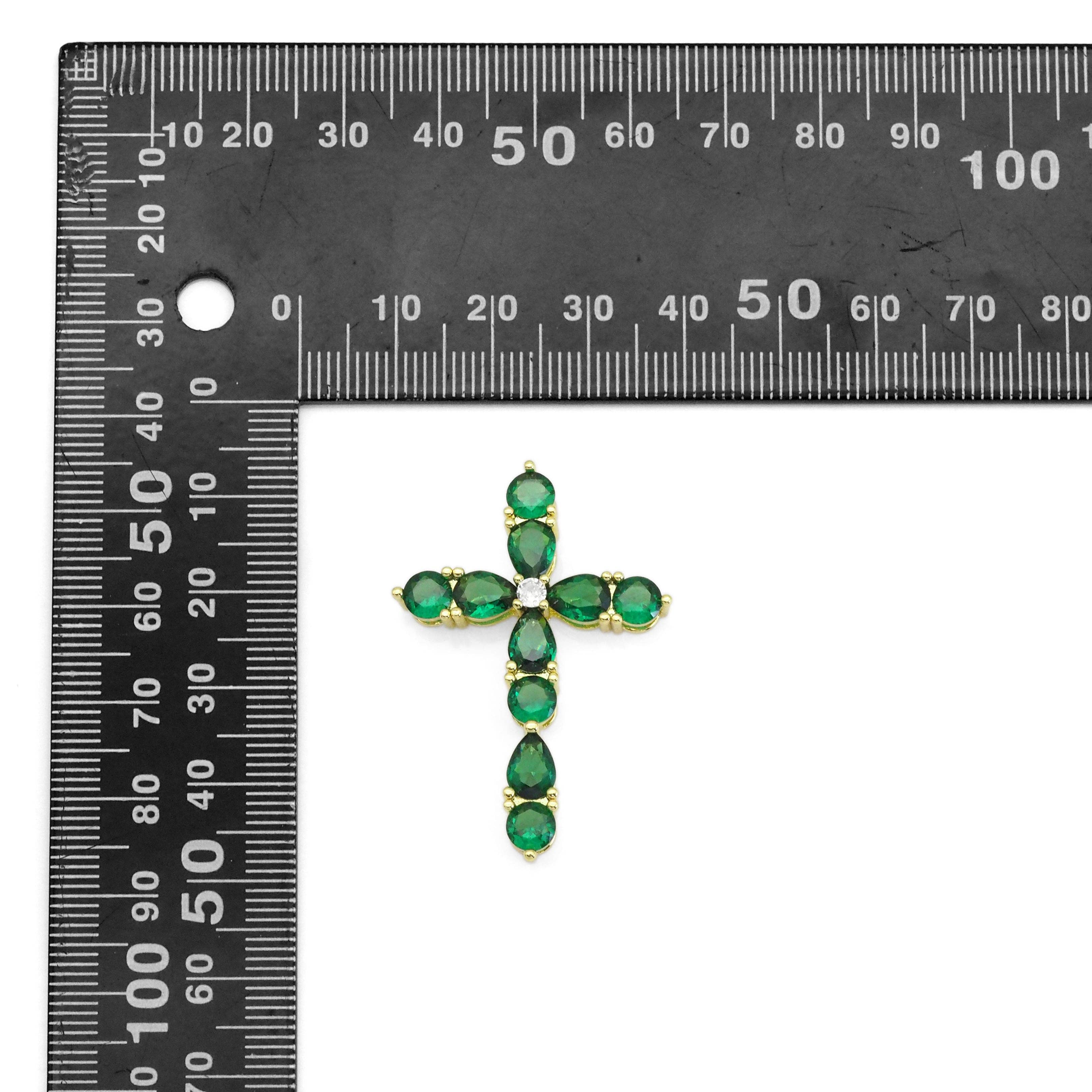 BestBeads&Beyond - Vendita all'ingrosso Ciondolo/pendente - Ciondolo a forma di croce in oro con zirconia cubica verde a goccia, Sku #LX3562