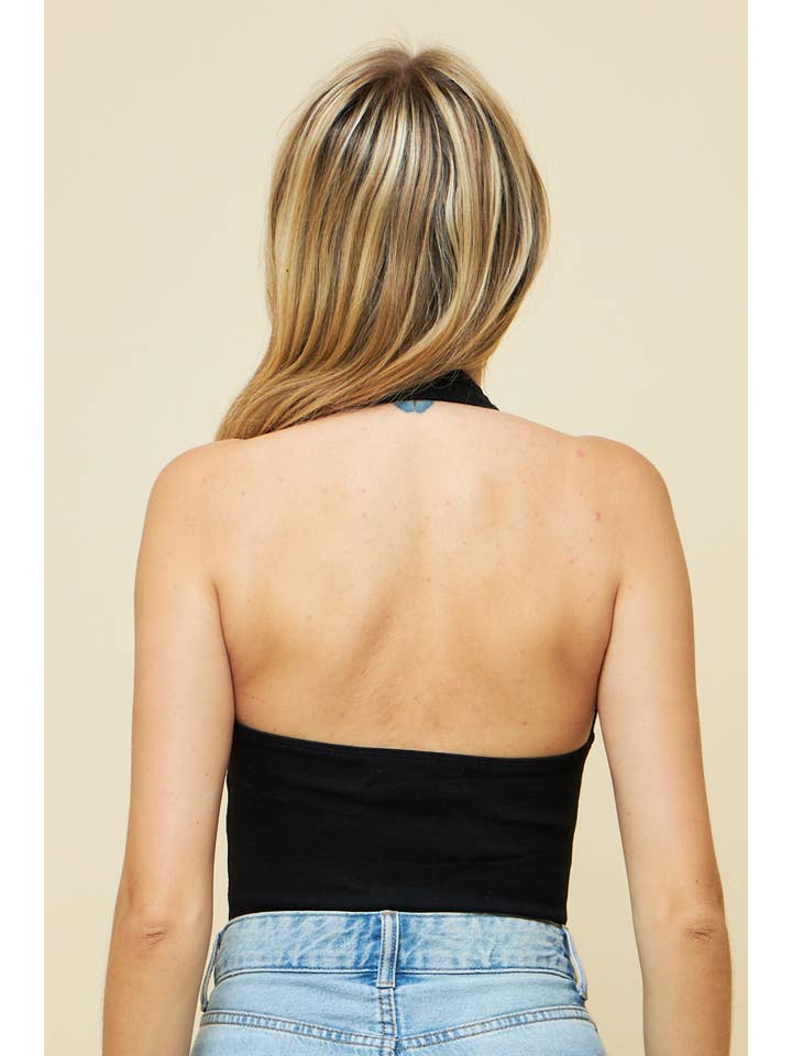 black 10026 - V-SHAPED HALTER NECK DENIM TOP for wholesale on Faire