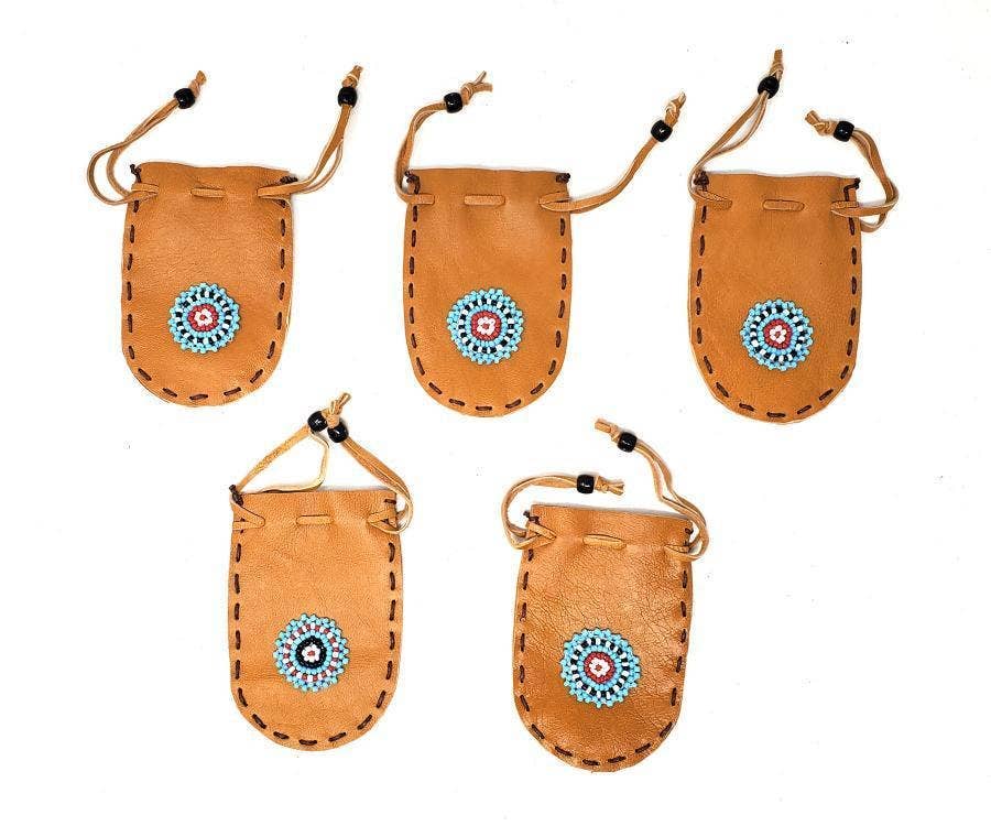GREENROOTS USA LLC - Wholesale Pouch – Women’s - (5 Pack ) - Round Beaded Leather Drawstring Pouch/Bag 3X2"