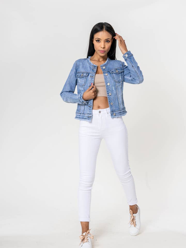 S555 stretch frayed collar fitted denim denim jacket for wholesale by Nina Carter