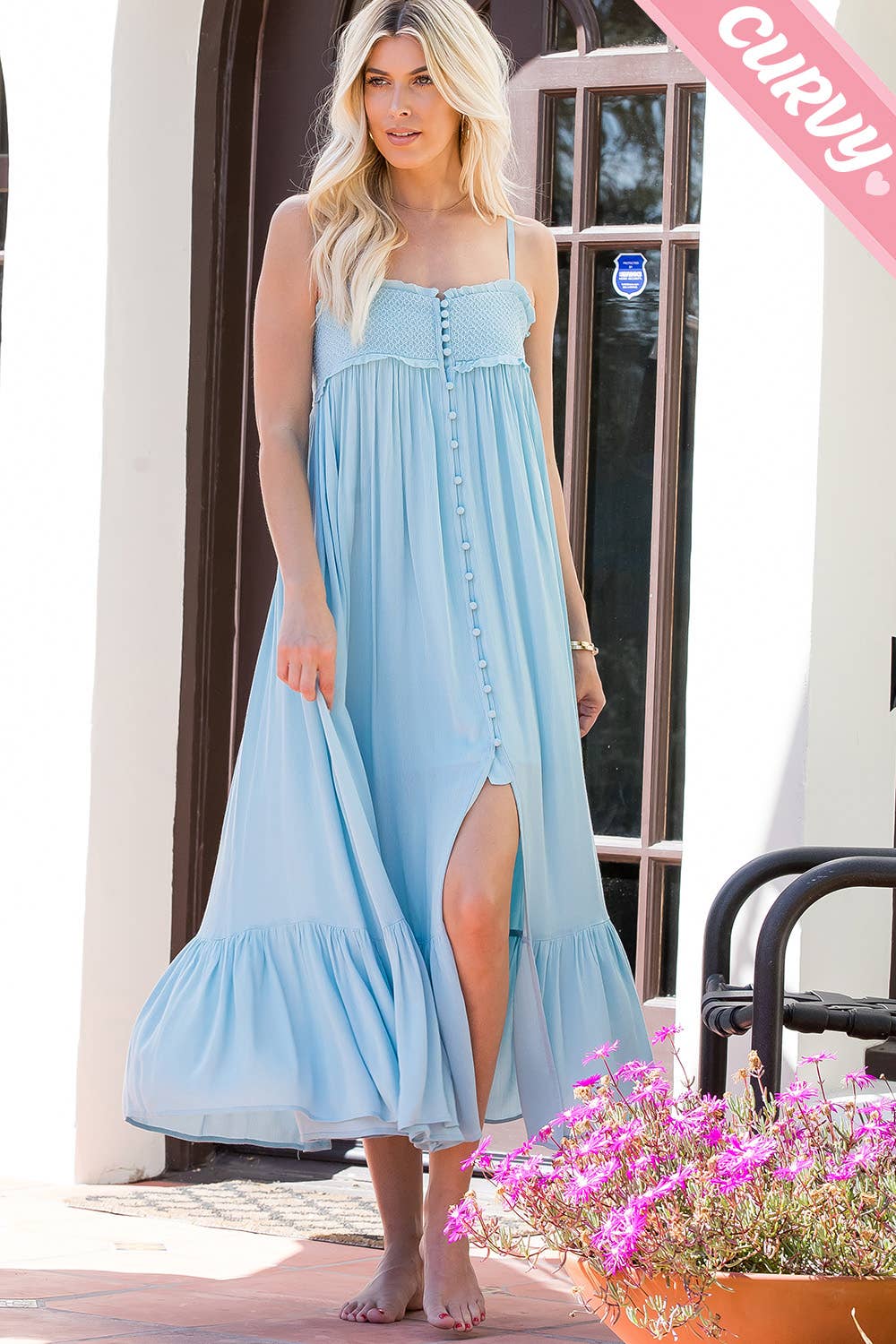 Sweet Lovely by Jen – Großhandel Kleid – Damen – MAXIKLEID AUS SEIDE MIT GESMOKTEM BUTTON-DOWN IN ÜBERGRÖSSE28