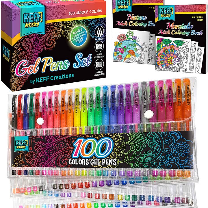 100 Gel Pens with Fine Point and Adult Coloring Books for wholesale by Keff Creations