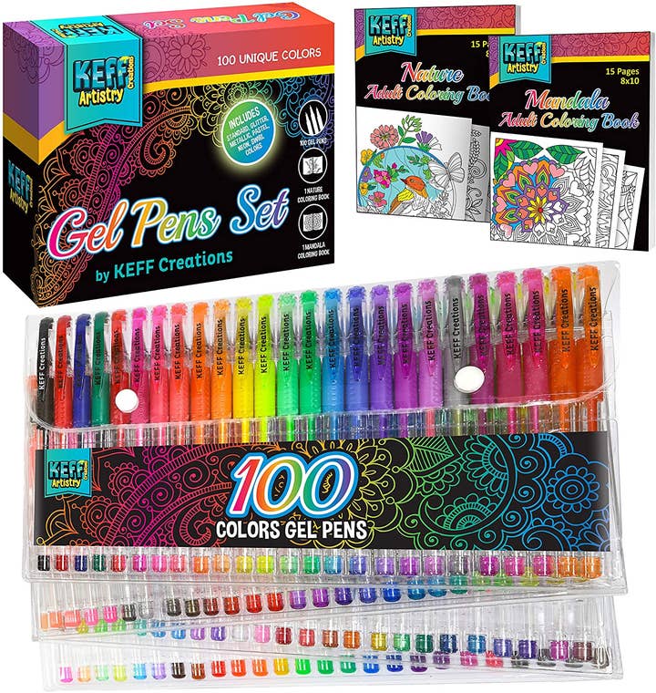 100 Gel Pens with Fine Point and Adult Coloring Books for wholesale by Keff Creations