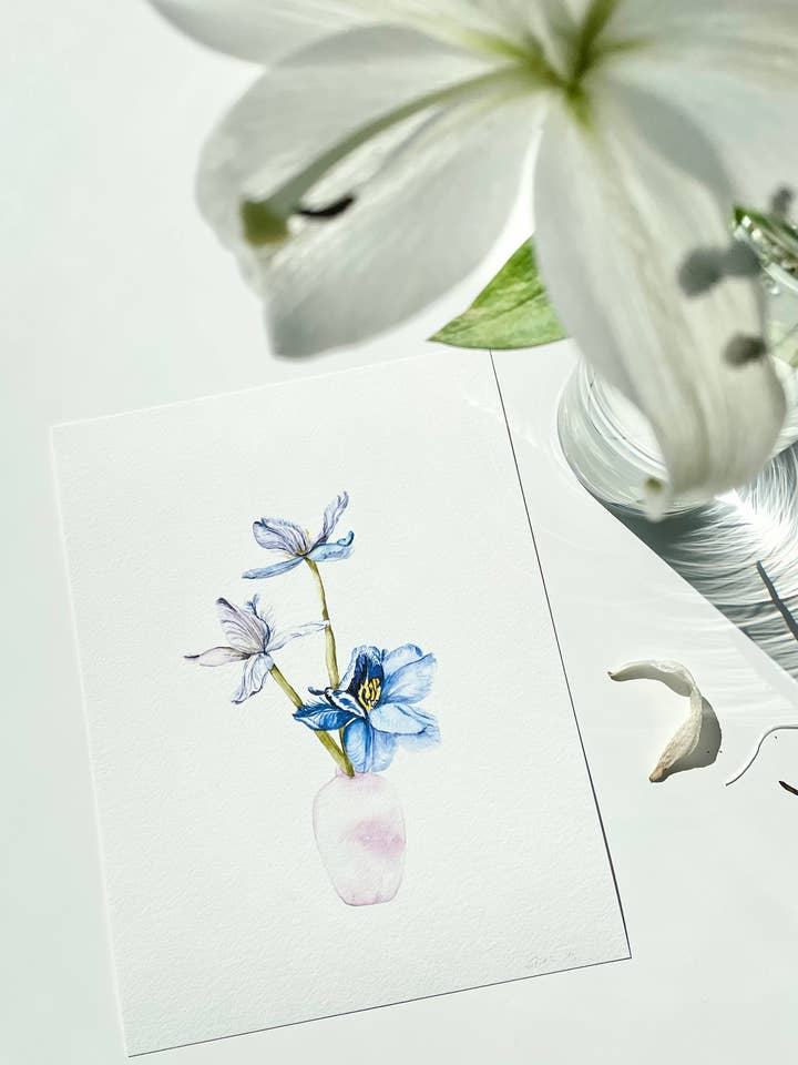 Blue tulips watercolor art print for wholesale by StudioReta