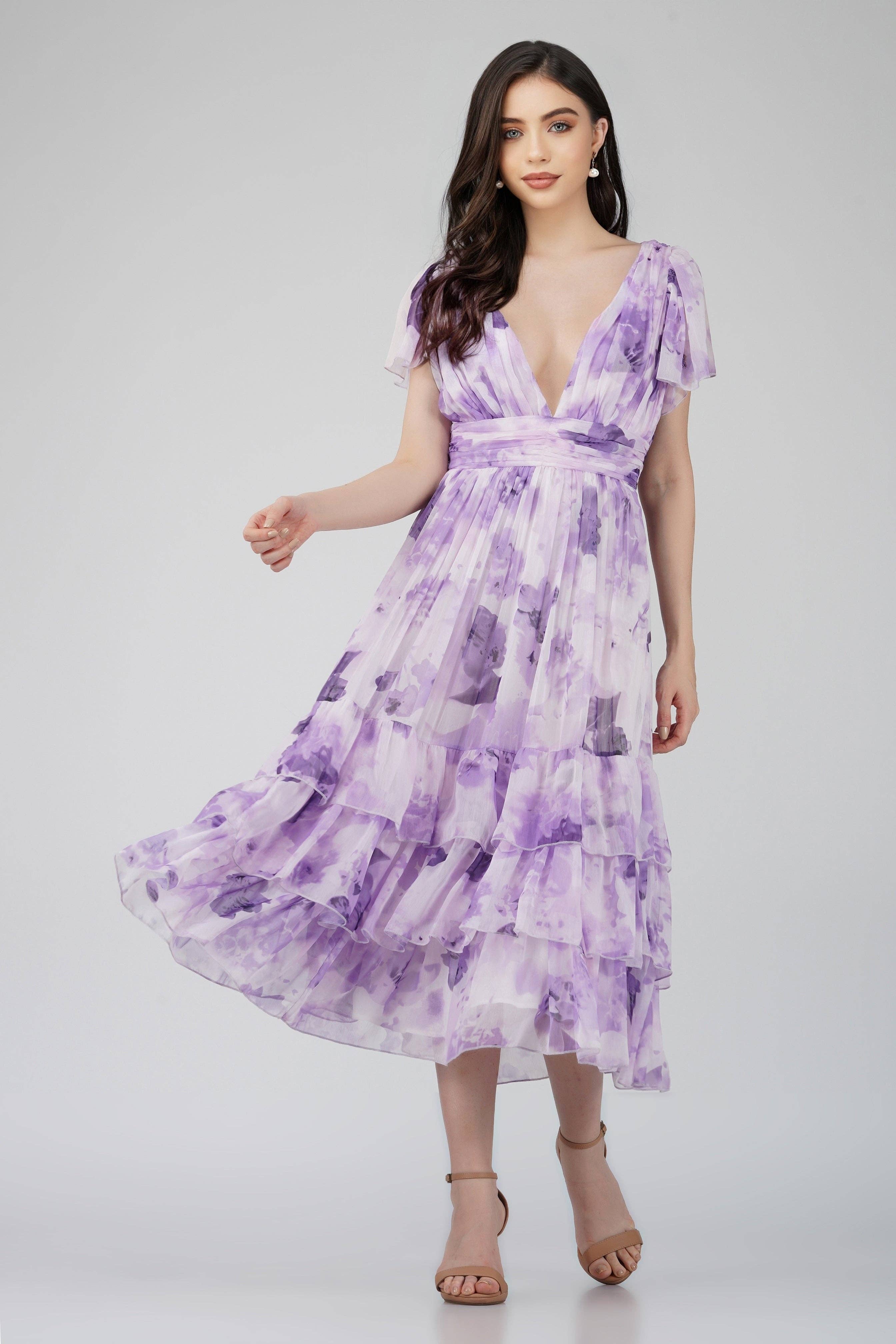 Estampa de lavanda Vestido madrinha de chiffon midi Madison lavanda com estampa para venda a revendedores na Faire0