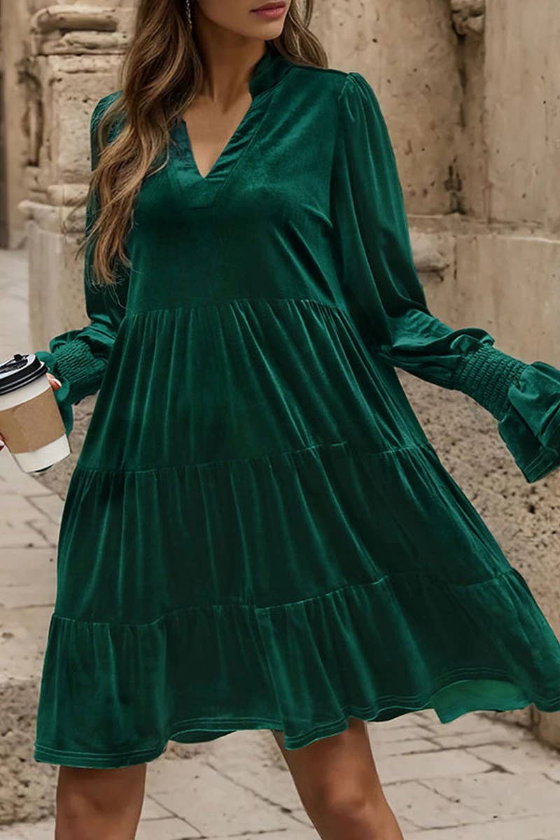 NINEXIS - Wholesale Dress - Women's - CWDMD3552_V-NECK LONG-SLEEVED SOLID COLOR VELVET DRESS1