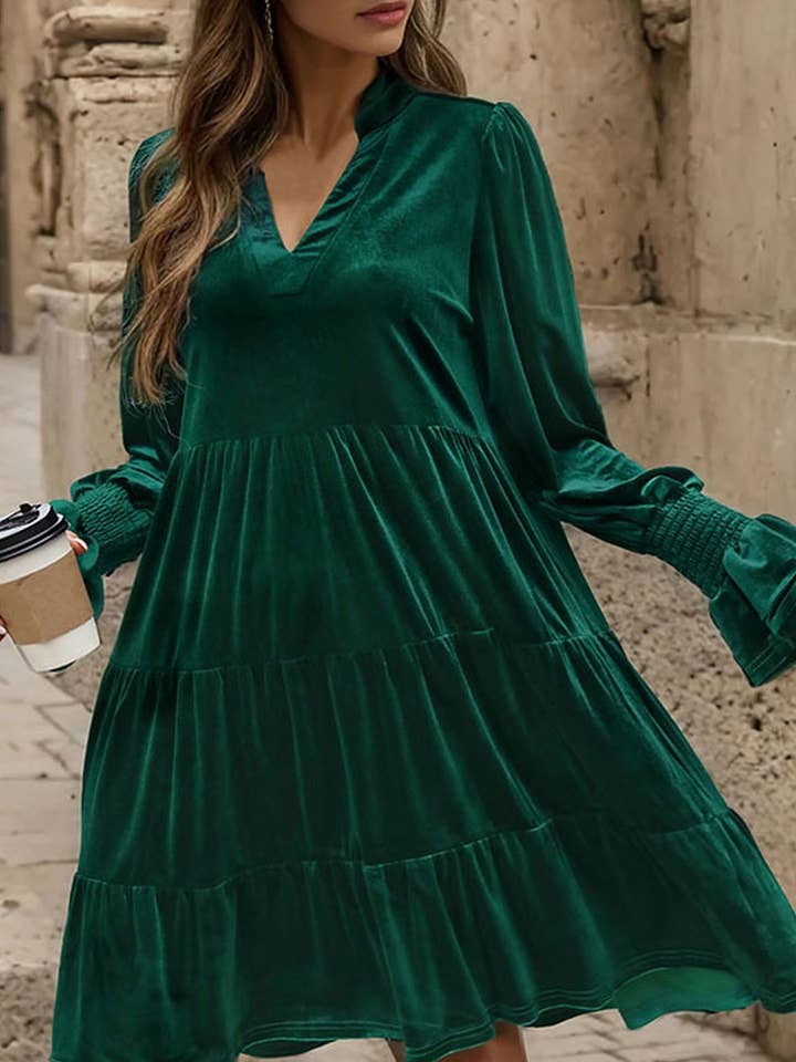 NINEXIS - Wholesale Dress - Women's - CWDMD3552_V-NECK LONG-SLEEVED SOLID COLOR VELVET DRESS1