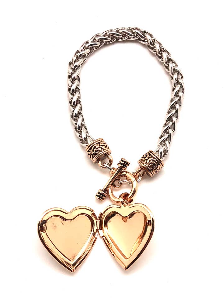 Bracelet Alloy Plated Rope Chain Two Tone w/Heart LocketGold for wholesale by Rant & Rave Classic