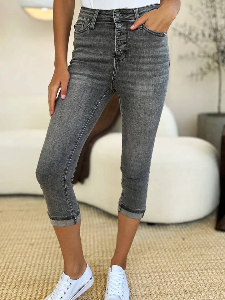 Judy Blue Full Size Button Fly High Waist Cuffed Capris for wholesale by Garden Naked