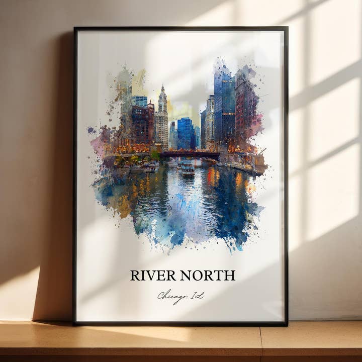 River North Vægkunst, Chicago Print, River North Chicago Akvarel Kunst, Chicago IL Gave, Rejseprint, Rejseplakat, Indflyttergave for engroshandel hos Premium Travel Art