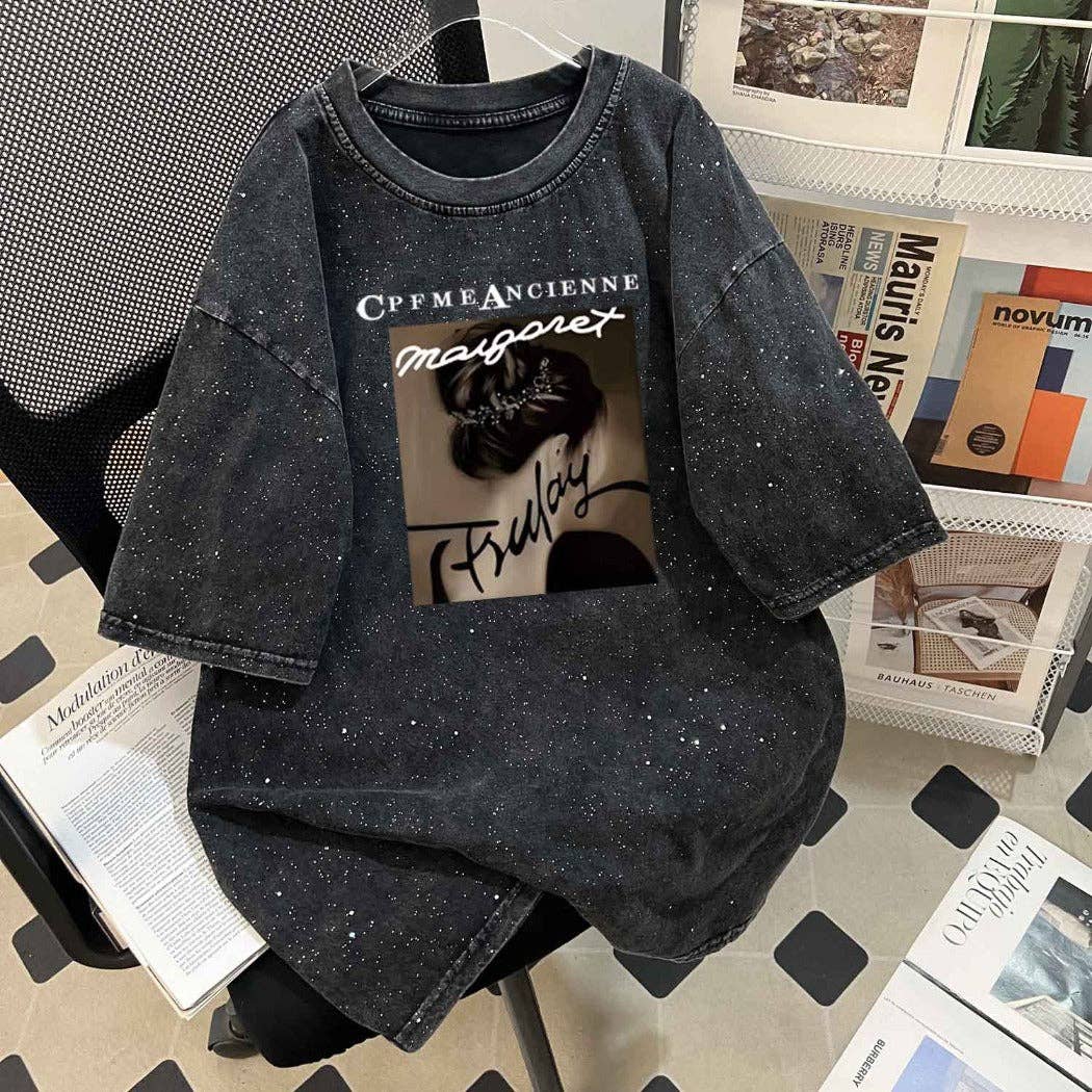 Preto Teesher - T-shirt Oversized com Estampa de Estrela Desgastada para venda a revendedores na Faire0