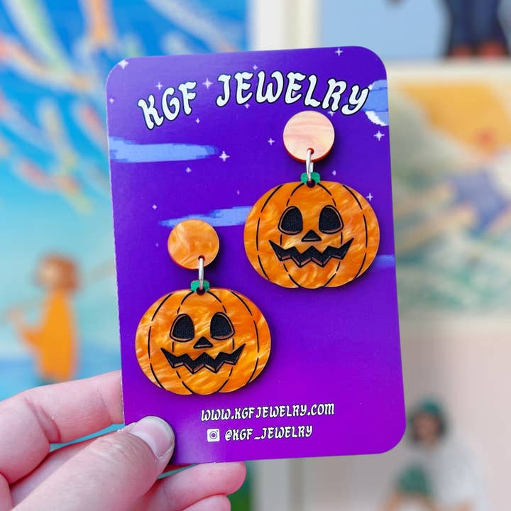 Carved Pumpkins Handmade Acrylic Earrings & Keychains for wholesale by KGF Studios