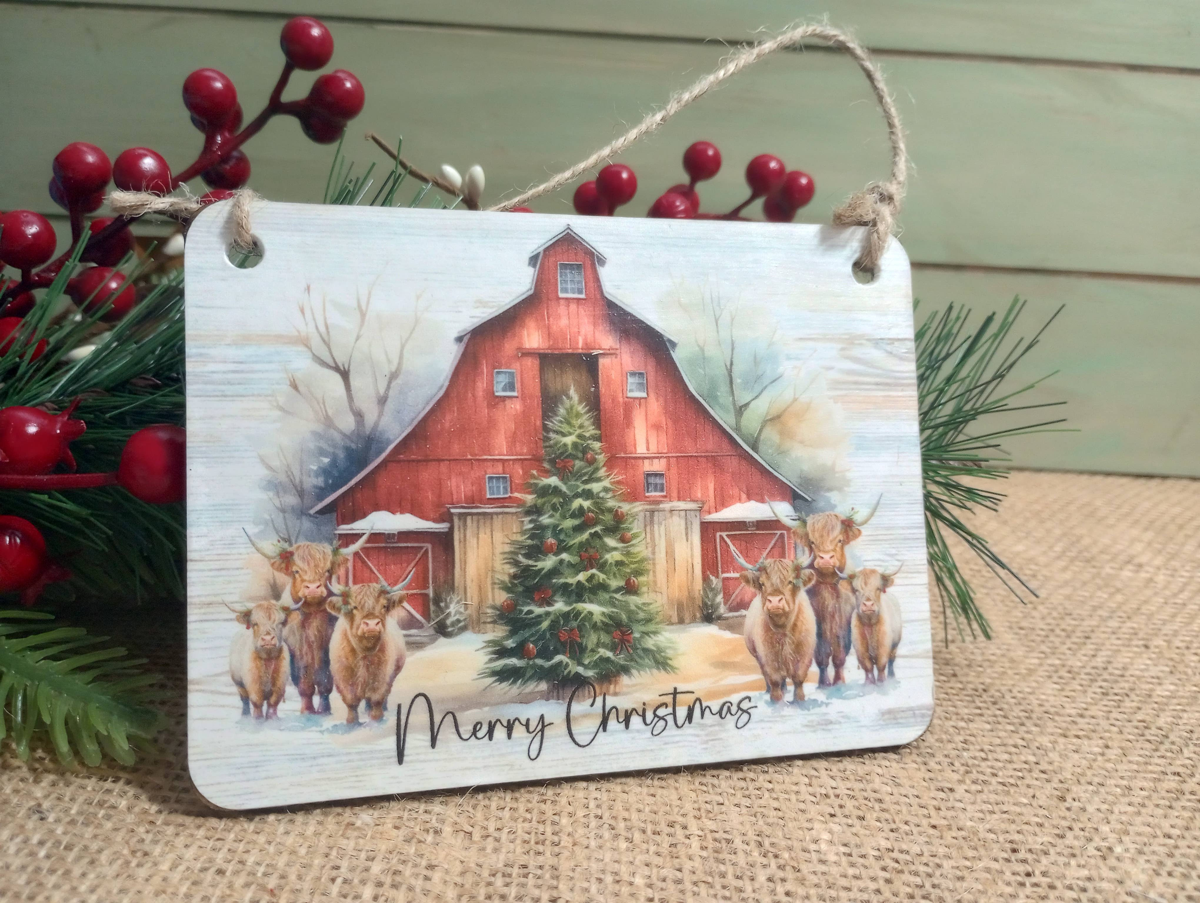 Bluegrass Burlap Co - Wholesale Ornament - Highland Cow Christmas Ornament - Red Barn0
