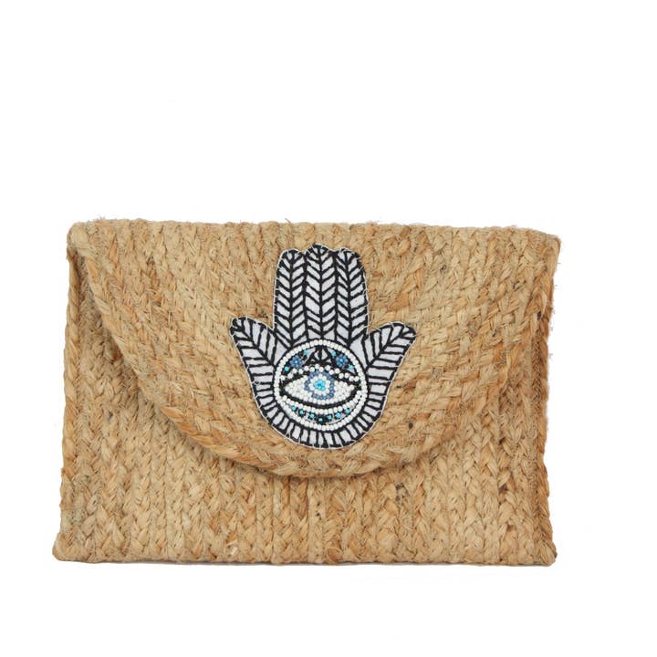 Ladies Fashion Jute Clutch With HAMSA Theme for wholesale by Nima Accessories Inc