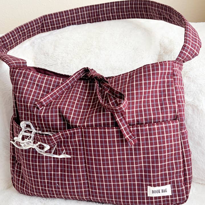 The Bean Workshop - Wholesale Tote Bag - Women's - Large Gingham Book Bag with Multiple Pockets5